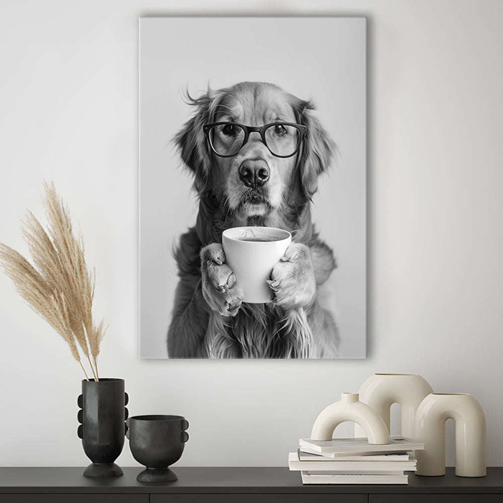 Golden Retriever Drinking Coffee Canvas Print Wall Art, Black and White, Coffee Lover Print, Kitchen Wall Decor