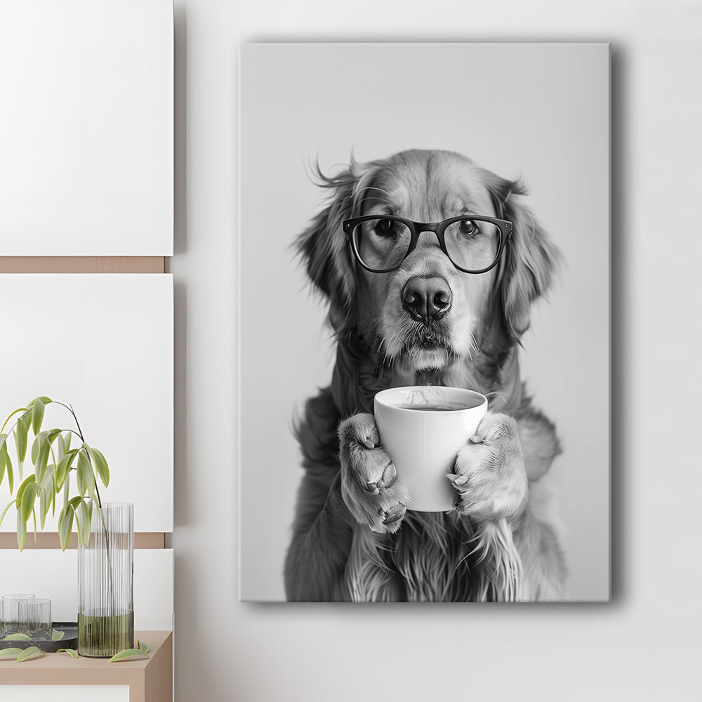 Golden Retriever Drinking Coffee Canvas Print Wall Art, Black and White, Coffee Lover Print, Kitchen Wall Decor