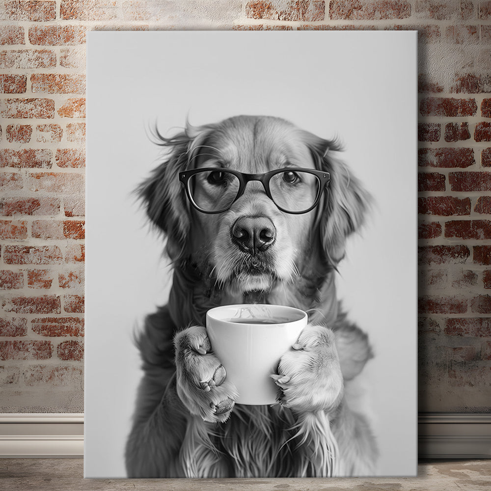 Golden Retriever Drinking Coffee Canvas Print Wall Art, Black and White, Coffee Lover Print, Kitchen Wall Decor