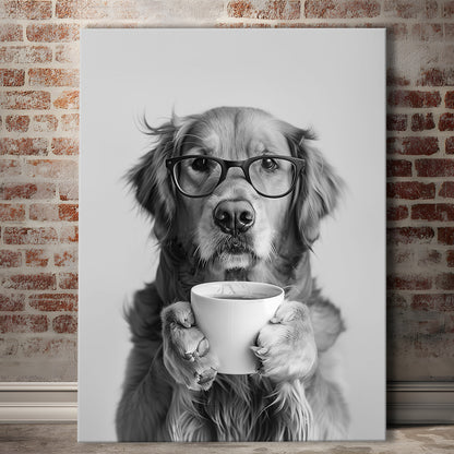 Golden Retriever Drinking Coffee Canvas Print Wall Art, Black and White, Coffee Lover Print, Kitchen Wall Decor