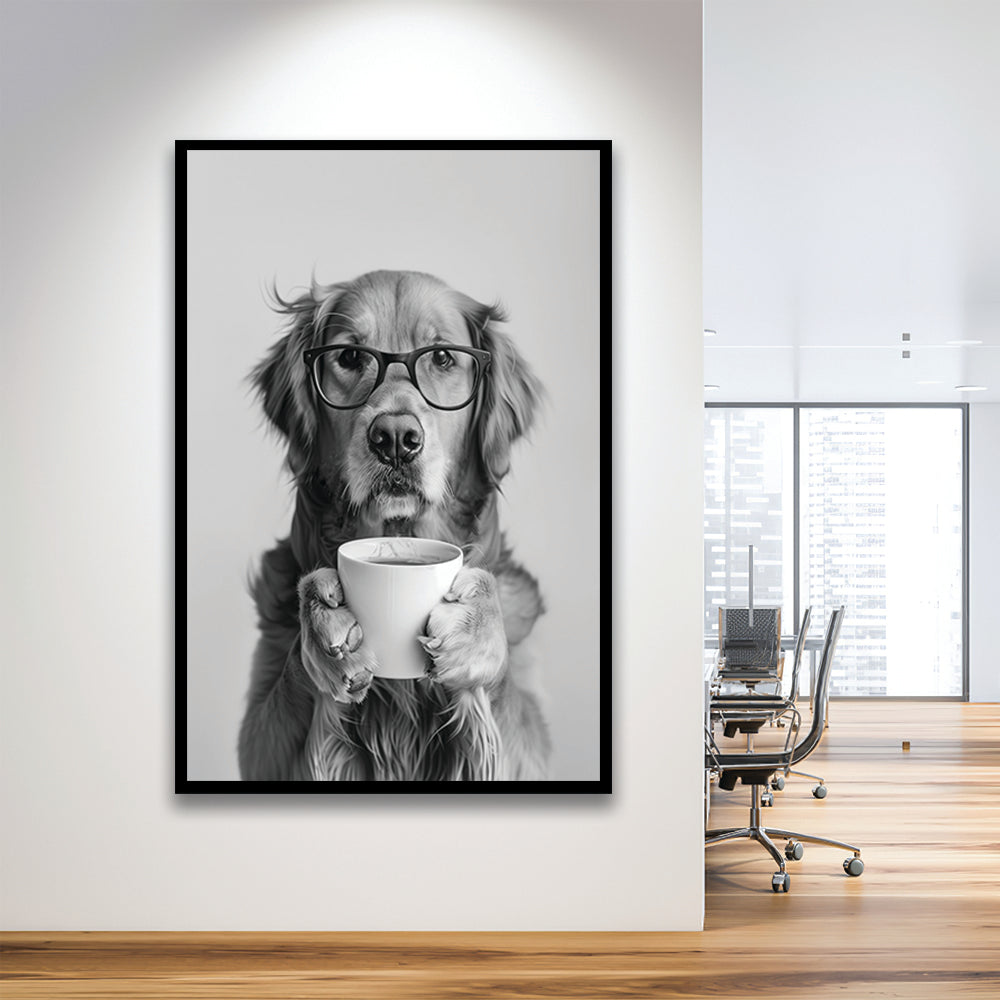Golden Retriever Drinking Coffee Framed Art Print Wall Decor, Black and White, Coffee Lover Print, Kitchen Wall Decor