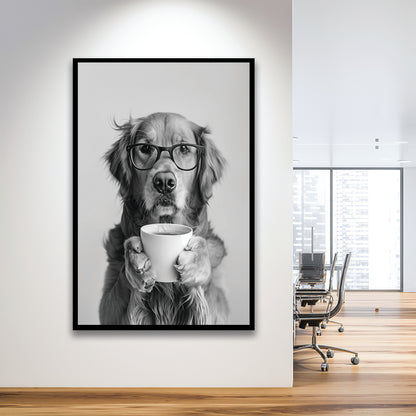 Golden Retriever Drinking Coffee Framed Art Print Wall Decor, Black and White, Coffee Lover Print, Kitchen Wall Decor