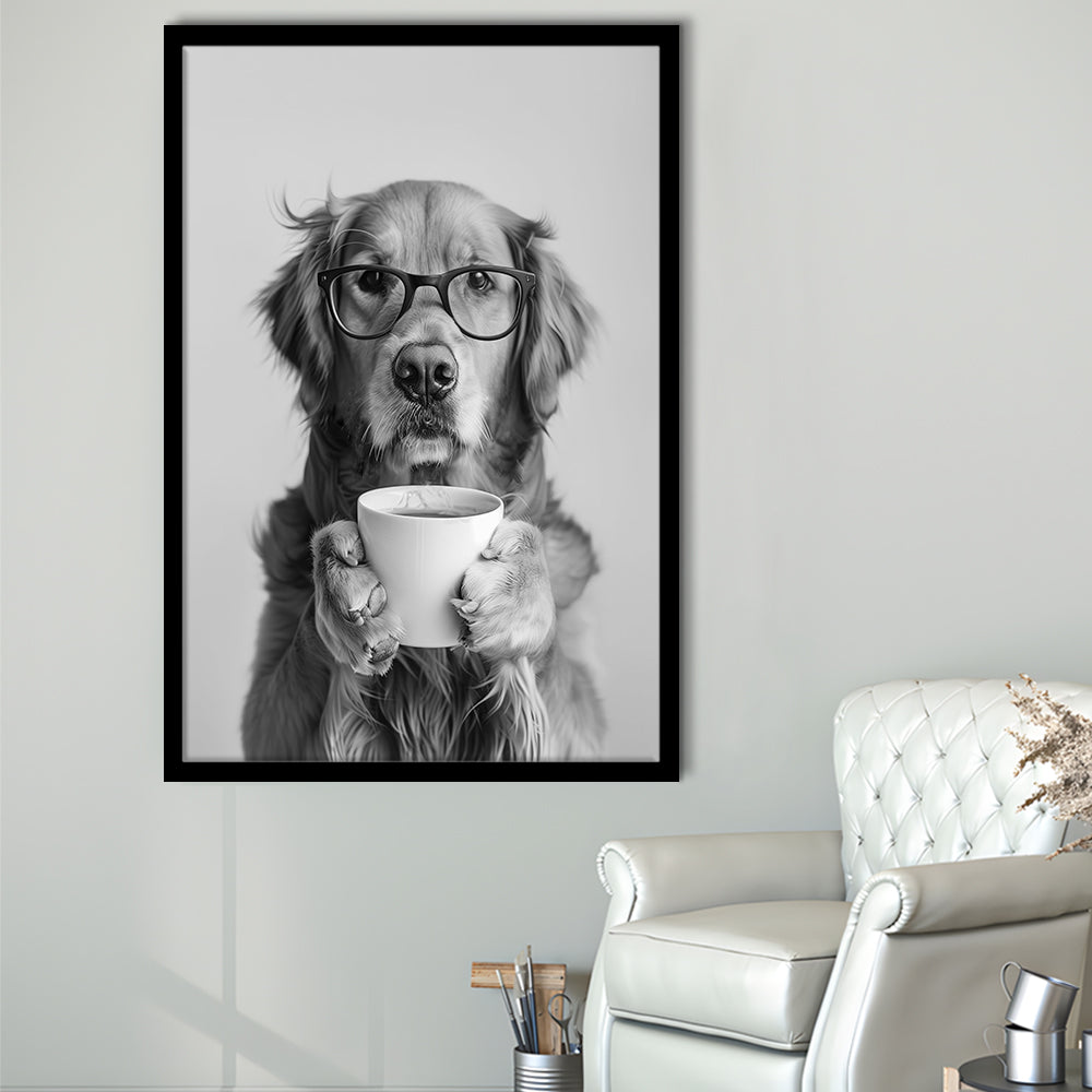 Golden Retriever Drinking Coffee Framed Art Print Wall Decor, Black and White, Coffee Lover Print, Kitchen Wall Decor