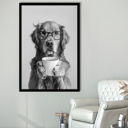 Golden Retriever Drinking Coffee Framed Art Print Wall Decor, Black and White, Coffee Lover Print, Kitchen Wall Decor