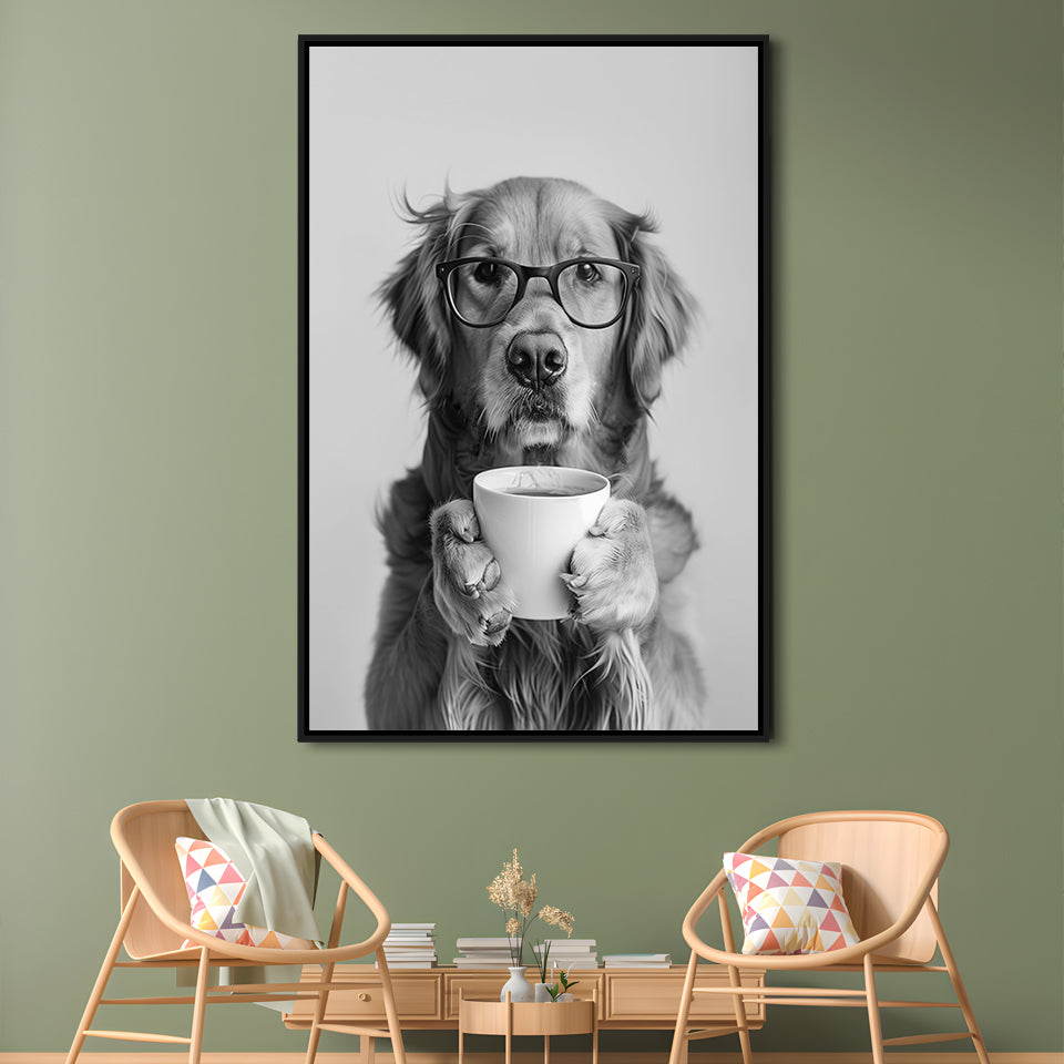 Golden Retriever Drinking Coffee Framed Canvas Print Wall Art, Black and White, Coffee Lover Print, Kitchen Wall Decor