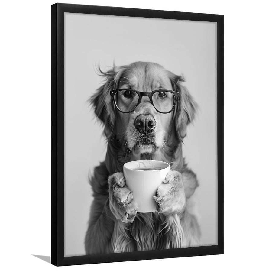 Golden Retriever Drinking Coffee Framed Art Print Wall Decor, Black and White, Coffee Lover Print, Kitchen Wall Decor