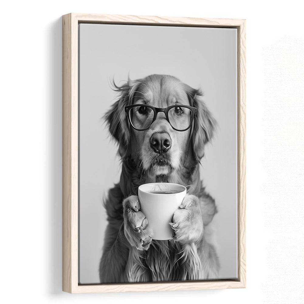 Golden Retriever Drinking Coffee Framed Canvas Print Wall Art, Black and White, Coffee Lover Print, Kitchen Wall Decor