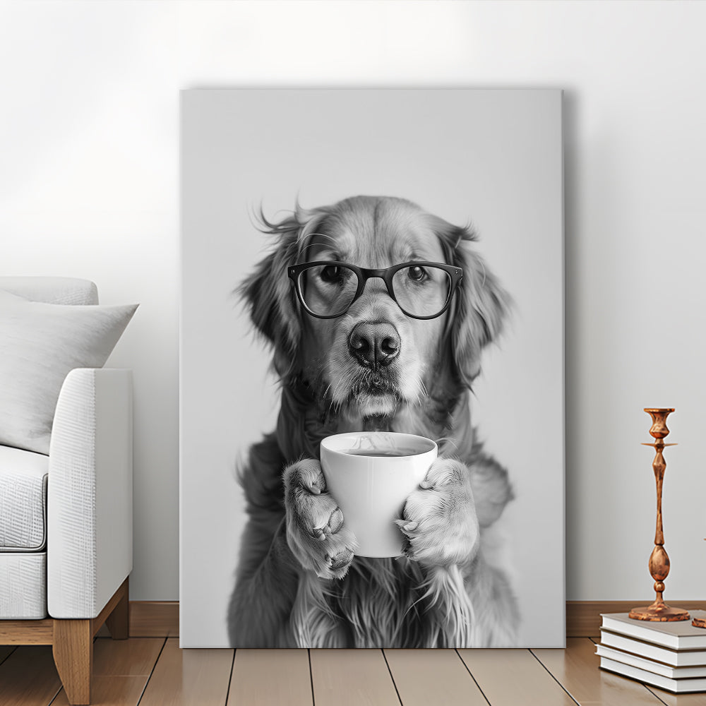 Golden Retriever Drinking Coffee Canvas Print Wall Art, Black and White, Coffee Lover Print, Kitchen Wall Decor
