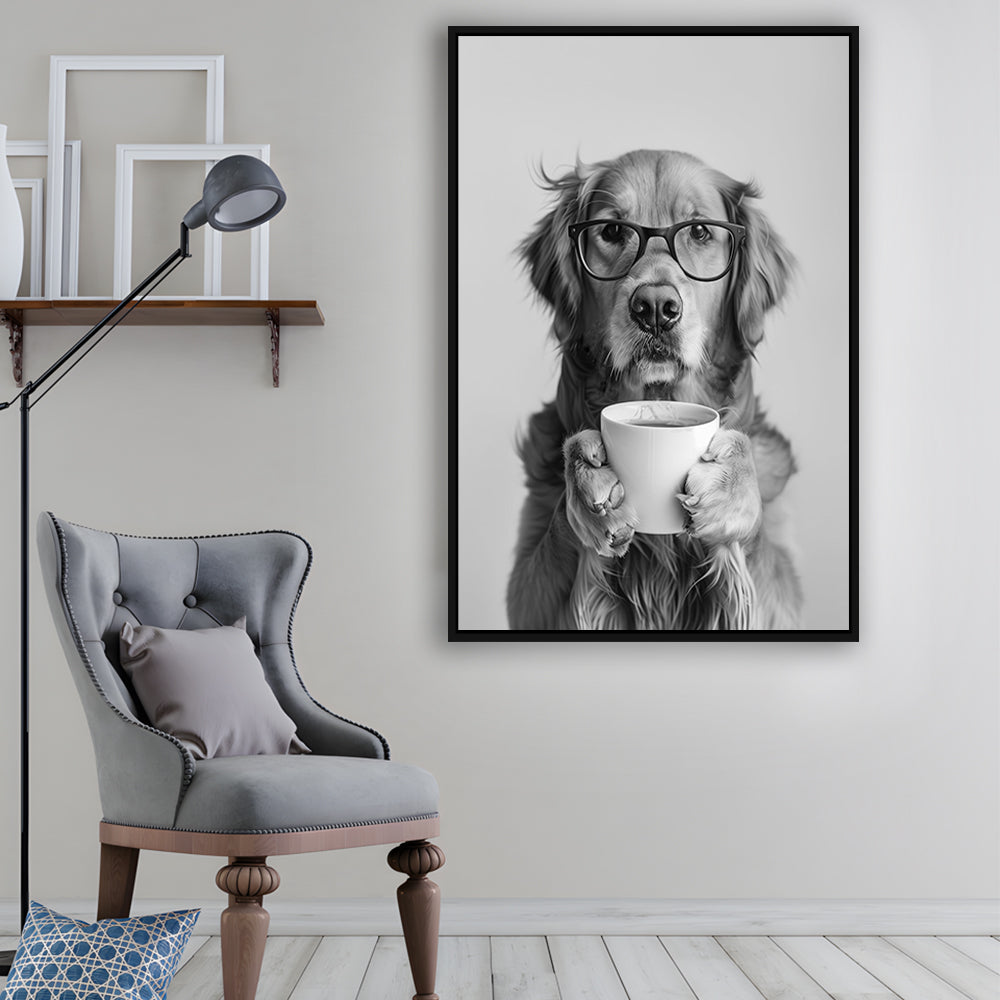 Golden Retriever Drinking Coffee Framed Canvas Print Wall Art, Black and White, Coffee Lover Print, Kitchen Wall Decor