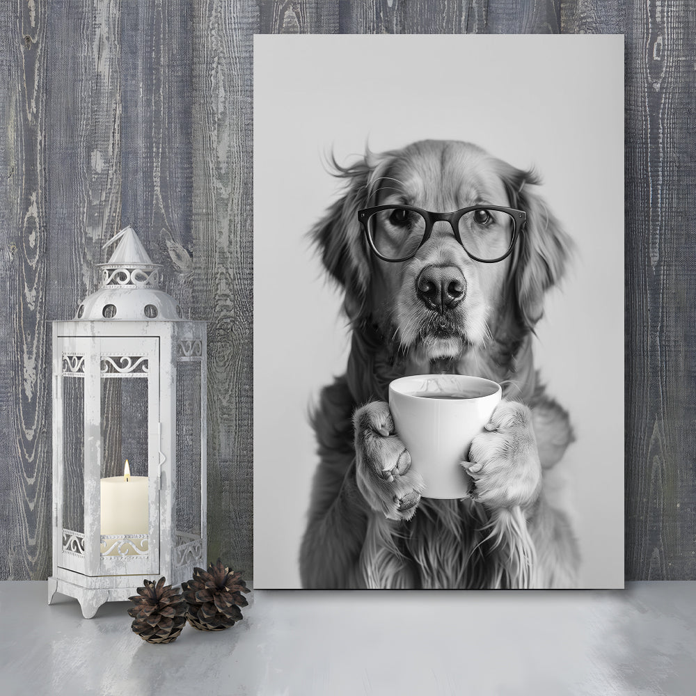 Golden Retriever Drinking Coffee Canvas Print Wall Art, Black and White, Coffee Lover Print, Kitchen Wall Decor