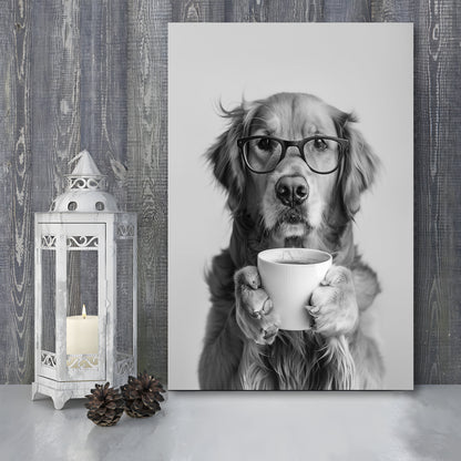 Golden Retriever Drinking Coffee Canvas Print Wall Art, Black and White, Coffee Lover Print, Kitchen Wall Decor