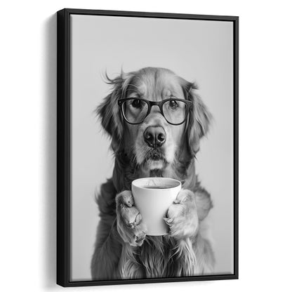 Golden Retriever Drinking Coffee Framed Canvas Print Wall Art, Black and White, Coffee Lover Print, Kitchen Wall Decor