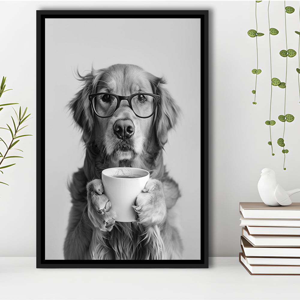 Golden Retriever Drinking Coffee Framed Canvas Print Wall Art, Black and White, Coffee Lover Print, Kitchen Wall Decor