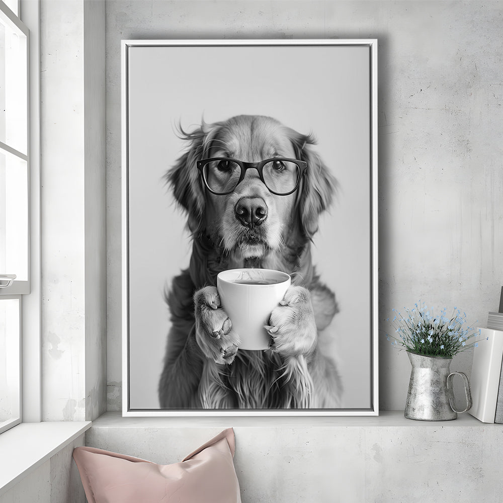 Golden Retriever Drinking Coffee Framed Canvas Print Wall Art, Black and White, Coffee Lover Print, Kitchen Wall Decor