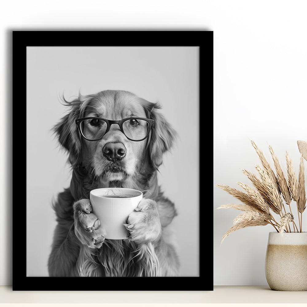 Golden Retriever Drinking Coffee Framed Art Print Wall Decor, Black and White, Coffee Lover Print, Kitchen Wall Decor