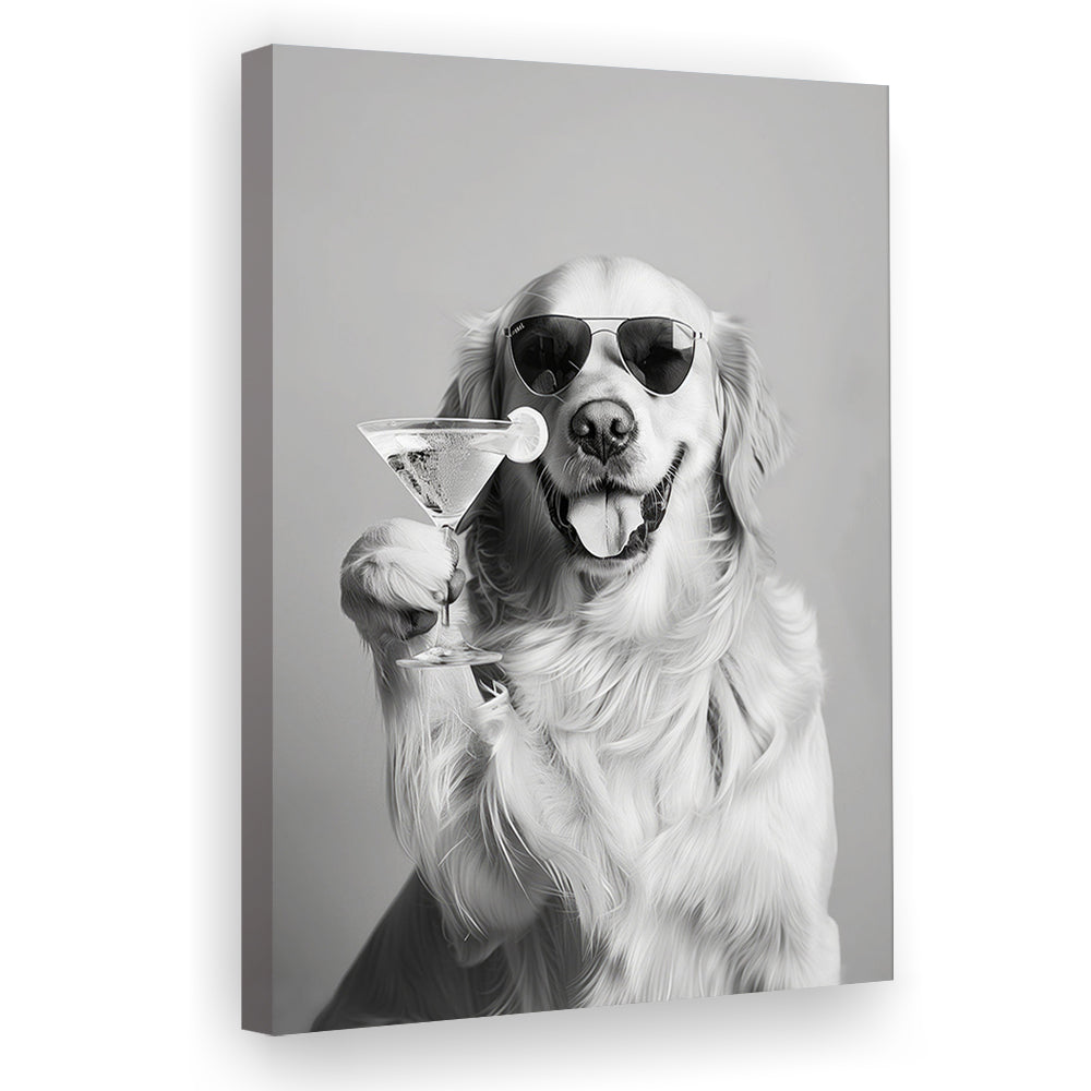 Golden Retriever Holding A Cocktail Canvas Print Wall Art, Black and White, Dog Gift, Martini, Bar Cart Decor