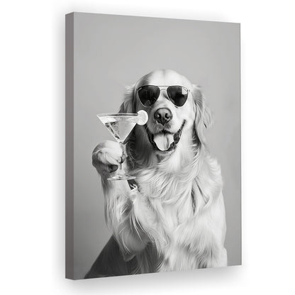 Golden Retriever Holding A Cocktail Canvas Print Wall Art, Black and White, Dog Gift, Martini, Bar Cart Decor