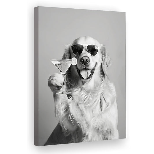 Golden Retriever Holding A Cocktail Canvas Print Wall Art, Black and White, Dog Gift, Martini, Bar Cart Decor