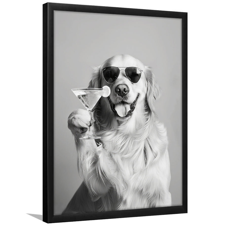 Golden Retriever Holding A Cocktail Framed Art Print Wall Decor, Black and White, Dog Gift, Martini, Bar Cart Decor
