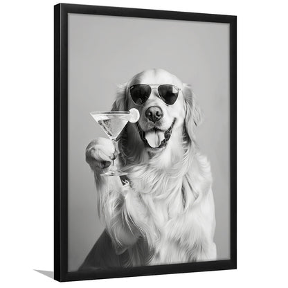 Golden Retriever Holding A Cocktail Framed Art Print Wall Decor, Black and White, Dog Gift, Martini, Bar Cart Decor