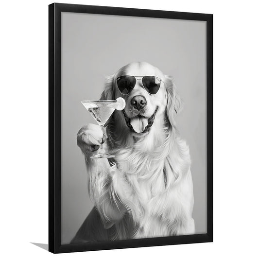 Golden Retriever Holding A Cocktail Framed Art Print Wall Decor, Black and White, Dog Gift, Martini, Bar Cart Decor