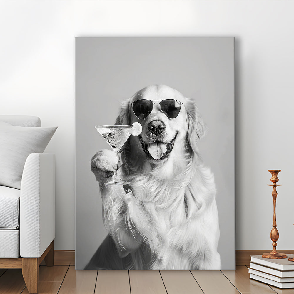 Golden Retriever Holding A Cocktail Canvas Print Wall Art, Black and White, Dog Gift, Martini, Bar Cart Decor