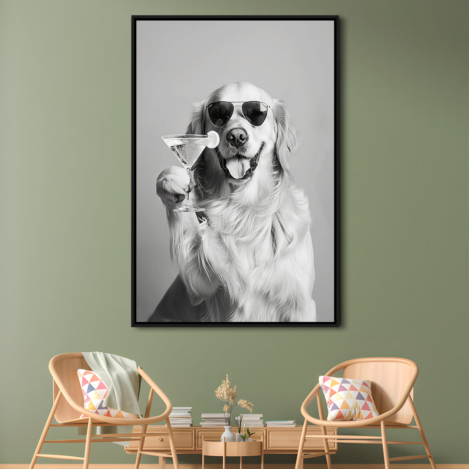 Golden Retriever Holding A Cocktail Framed Canvas Print Wall Art, Black and White, Dog Gift, Martini, Bar Cart Decor