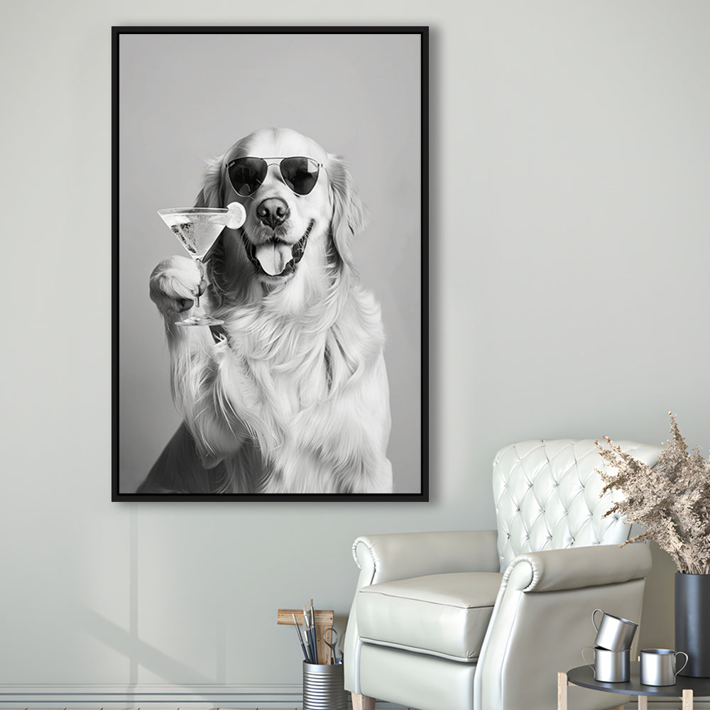 Golden Retriever Holding A Cocktail Framed Canvas Print Wall Art, Black and White, Dog Gift, Martini, Bar Cart Decor