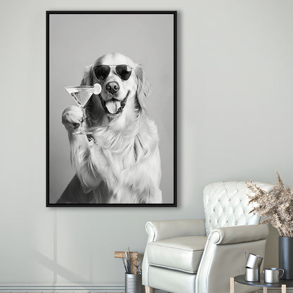Golden Retriever Holding A Cocktail Framed Canvas Print Wall Art, Black and White, Dog Gift, Martini, Bar Cart Decor