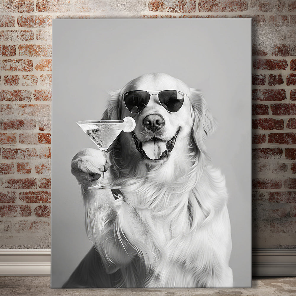 Golden Retriever Holding A Cocktail Canvas Print Wall Art, Black and White, Dog Gift, Martini, Bar Cart Decor
