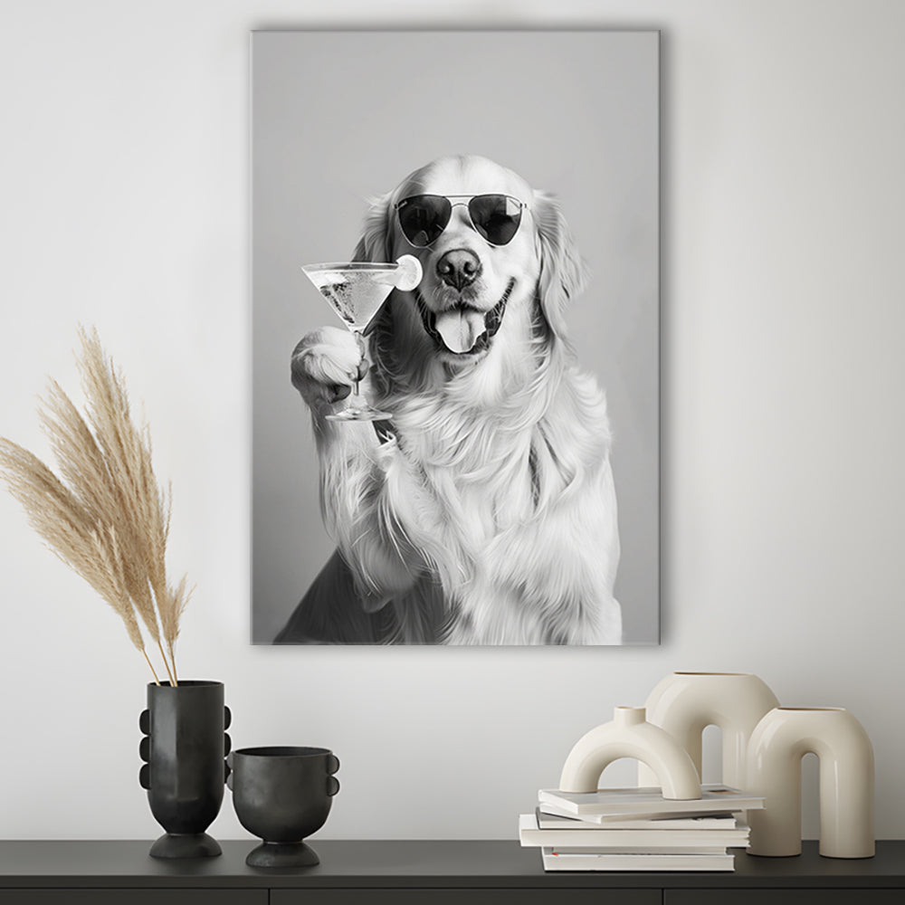 Golden Retriever Holding A Cocktail Canvas Print Wall Art, Black and White, Dog Gift, Martini, Bar Cart Decor
