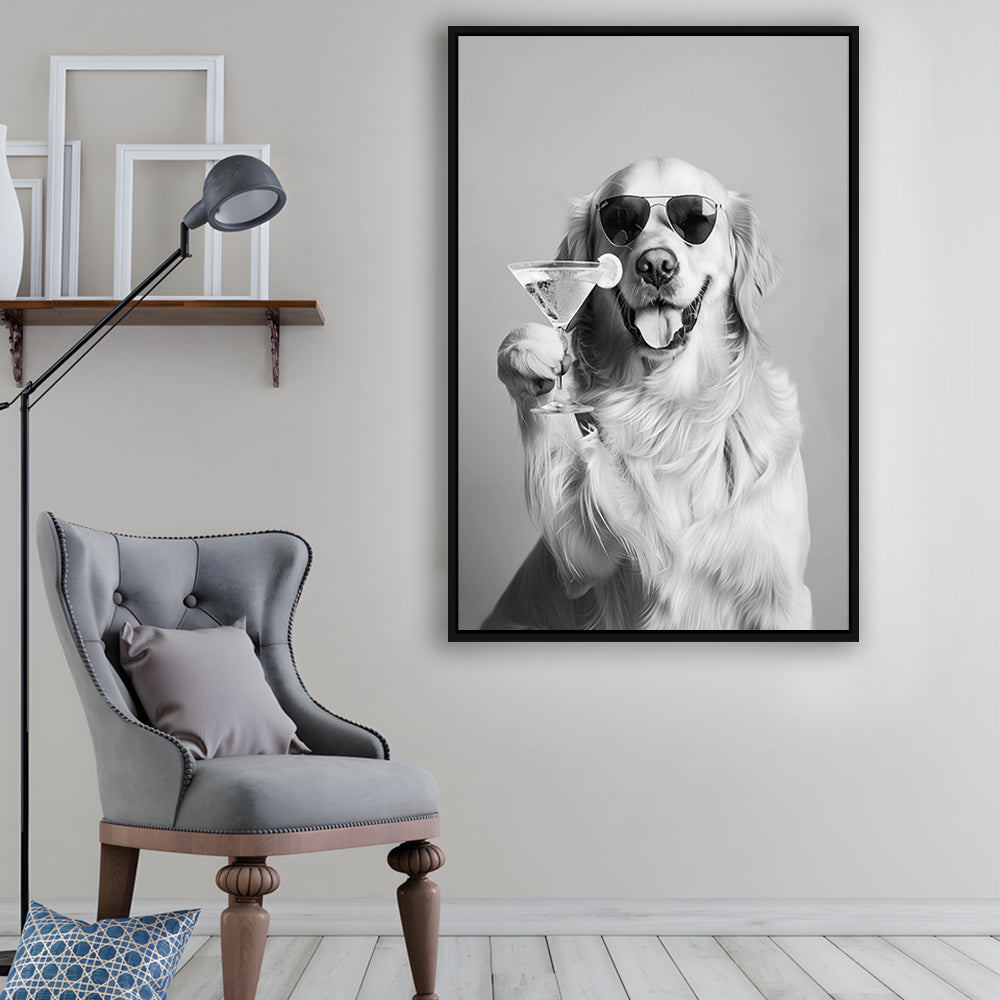 Golden Retriever Holding A Cocktail Framed Canvas Print Wall Art, Black and White, Dog Gift, Martini, Bar Cart Decor