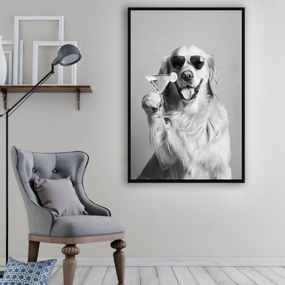 Golden Retriever Holding A Cocktail Framed Canvas Print Wall Art, Black and White, Dog Gift, Martini, Bar Cart Decor