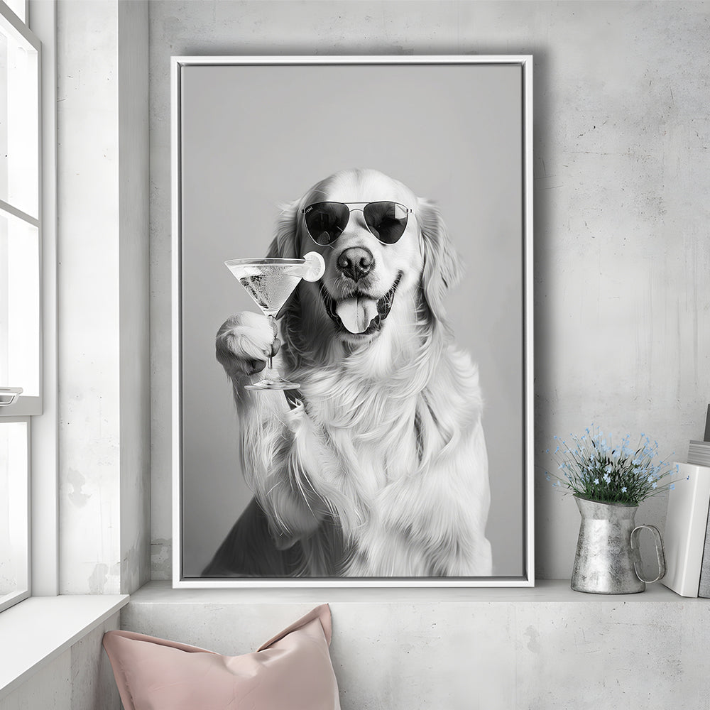 Golden Retriever Holding A Cocktail Framed Canvas Print Wall Art, Black and White, Dog Gift, Martini, Bar Cart Decor