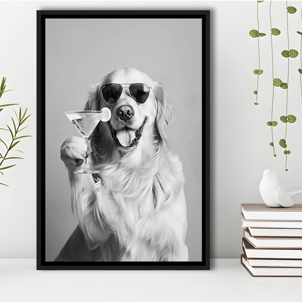 Golden Retriever Holding A Cocktail Framed Canvas Print Wall Art, Black and White, Dog Gift, Martini, Bar Cart Decor