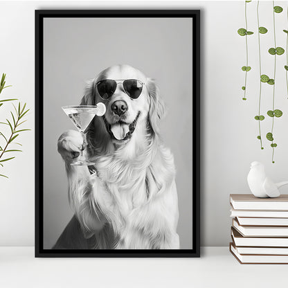 Golden Retriever Holding A Cocktail Framed Canvas Print Wall Art, Black and White, Dog Gift, Martini, Bar Cart Decor