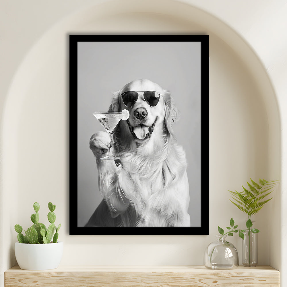 Golden Retriever Holding A Cocktail Framed Art Print Wall Decor, Black and White, Dog Gift, Martini, Bar Cart Decor