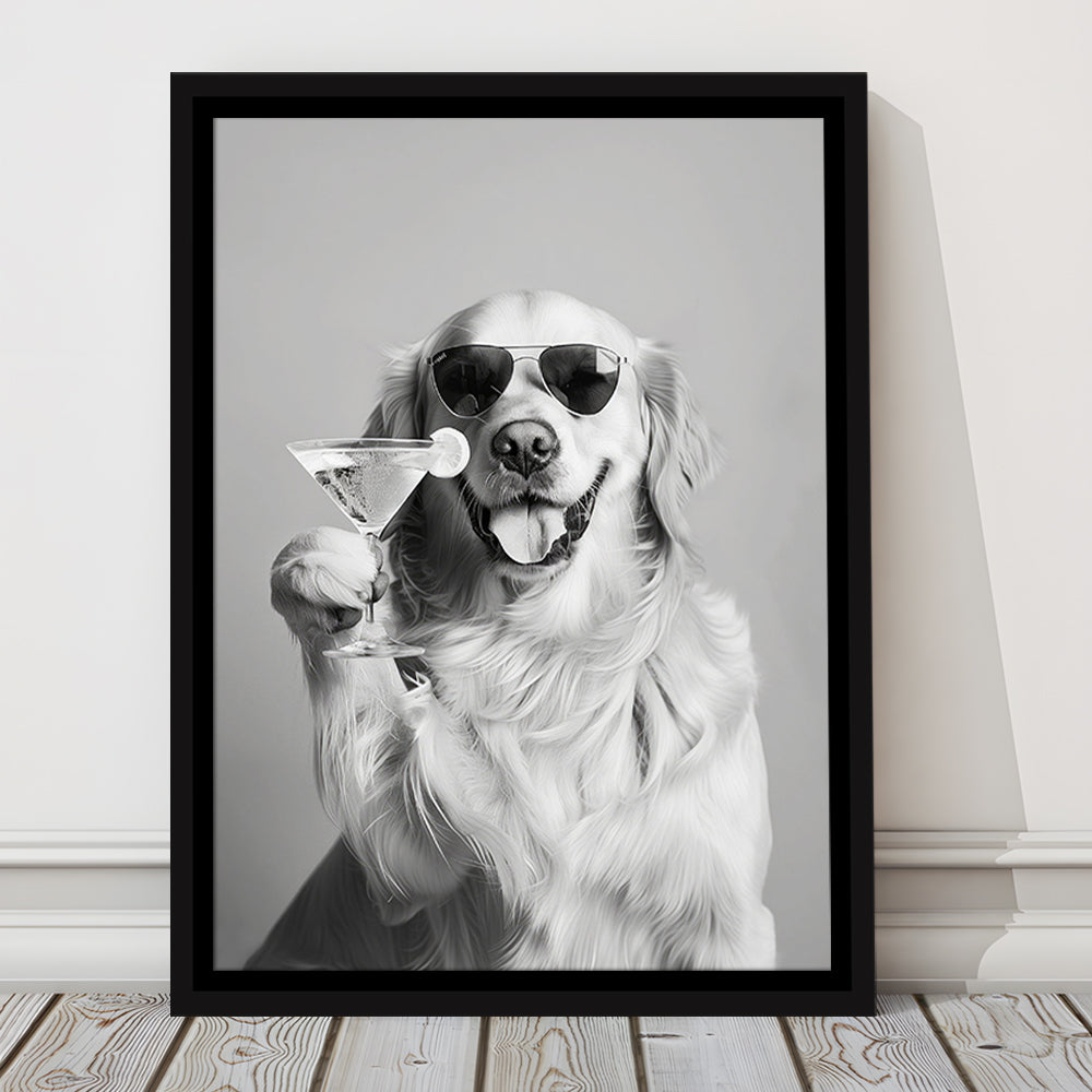Golden Retriever Holding A Cocktail Framed Canvas Print Wall Art, Black and White, Dog Gift, Martini, Bar Cart Decor