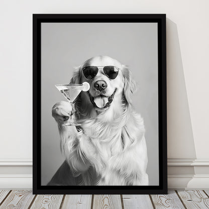 Golden Retriever Holding A Cocktail Framed Canvas Print Wall Art, Black and White, Dog Gift, Martini, Bar Cart Decor