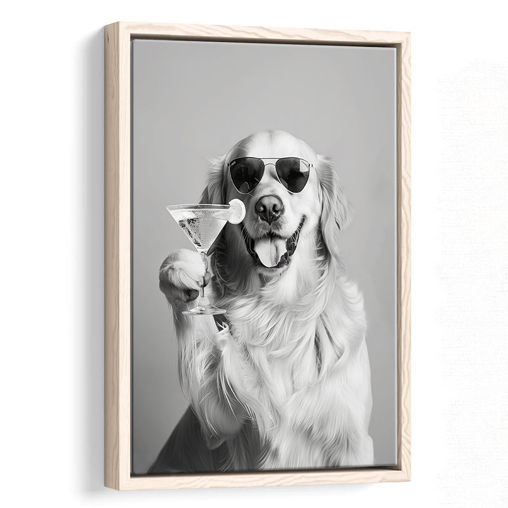 Golden Retriever Holding A Cocktail Framed Canvas Print Wall Art, Black and White, Dog Gift, Martini, Bar Cart Decor