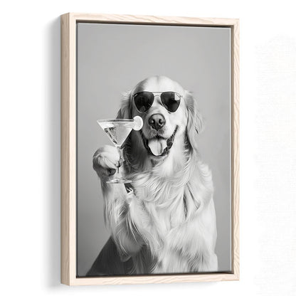 Golden Retriever Holding A Cocktail Framed Canvas Print Wall Art, Black and White, Dog Gift, Martini, Bar Cart Decor
