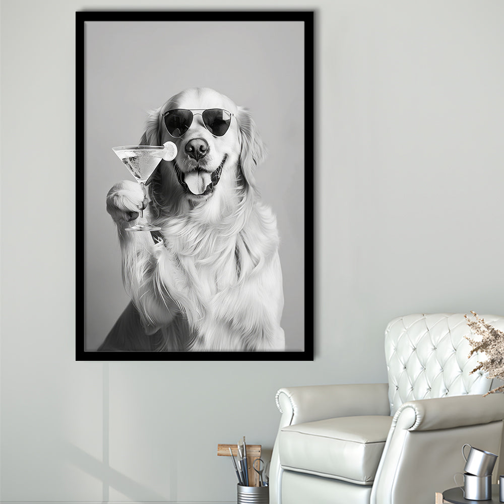 Golden Retriever Holding A Cocktail Framed Art Print Wall Decor, Black and White, Dog Gift, Martini, Bar Cart Decor