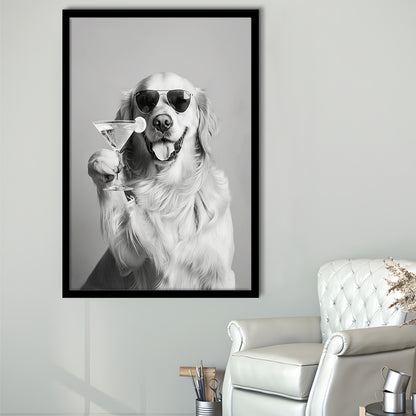 Golden Retriever Holding A Cocktail Framed Art Print Wall Decor, Black and White, Dog Gift, Martini, Bar Cart Decor