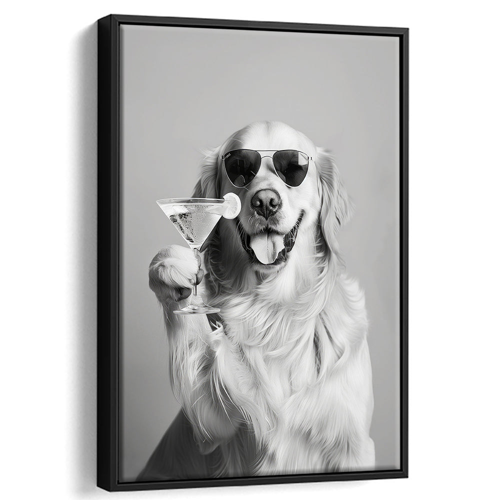 Golden Retriever Holding A Cocktail Framed Canvas Print Wall Art, Black and White, Dog Gift, Martini, Bar Cart Decor
