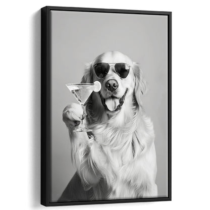 Golden Retriever Holding A Cocktail Framed Canvas Print Wall Art, Black and White, Dog Gift, Martini, Bar Cart Decor