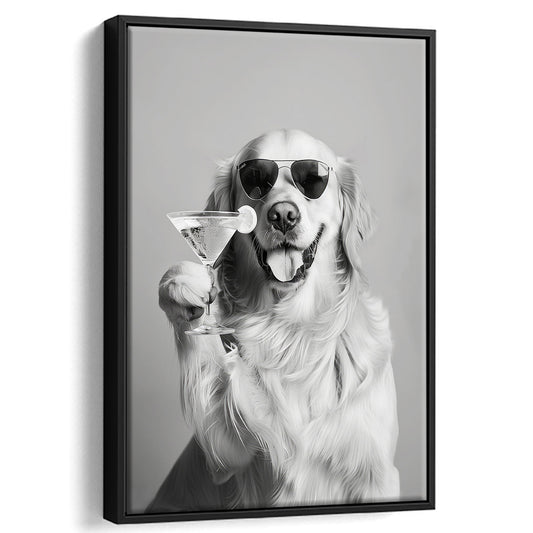 Golden Retriever Holding A Cocktail Framed Canvas Print Wall Art, Black and White, Dog Gift, Martini, Bar Cart Decor