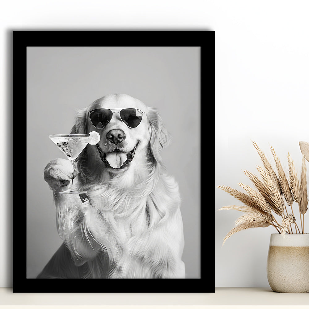 Golden Retriever Holding A Cocktail Framed Art Print Wall Decor, Black and White, Dog Gift, Martini, Bar Cart Decor