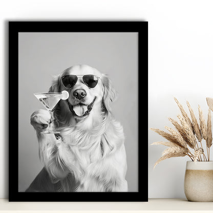 Golden Retriever Holding A Cocktail Framed Art Print Wall Decor, Black and White, Dog Gift, Martini, Bar Cart Decor