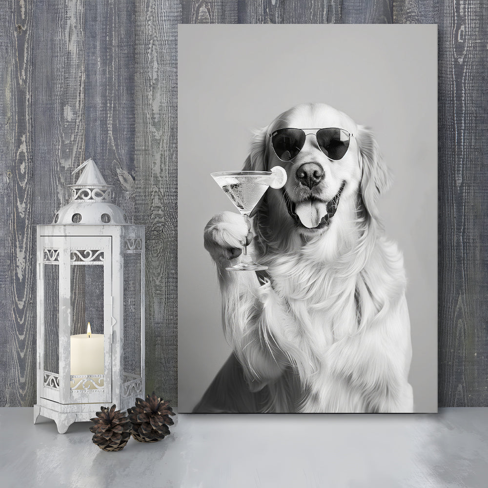 Golden Retriever Holding A Cocktail Canvas Print Wall Art, Black and White, Dog Gift, Martini, Bar Cart Decor