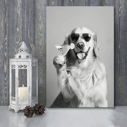 Golden Retriever Holding A Cocktail Canvas Print Wall Art, Black and White, Dog Gift, Martini, Bar Cart Decor